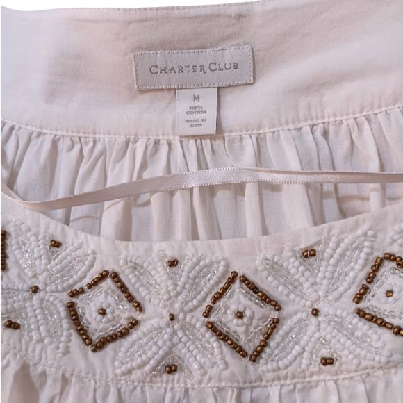 NEW CHARTER CLUB Artsy Beaded Blouse Peasant Top M Cotton Boho Fresh Breathable - Picture 5 of 11